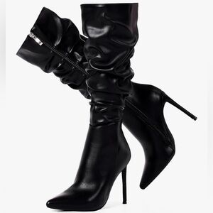 Elisabet Tang Knee High Boots Womens Black Matte PU 4 Inch Stiletto New